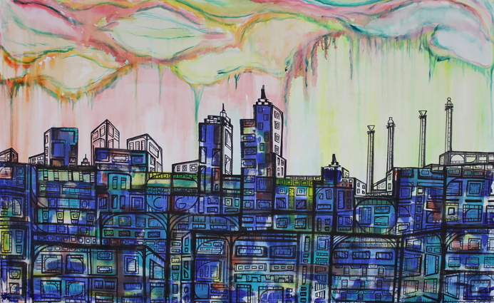 Gallery 1 - Rainy City Watercolor/ acrylic/sharpie 3.5 ft x 5ft