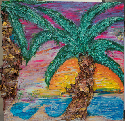 Gallery 4 - Tropical Paradise Acrylic on canvas, mixed media, denim and burlap fibbers 48 x 48